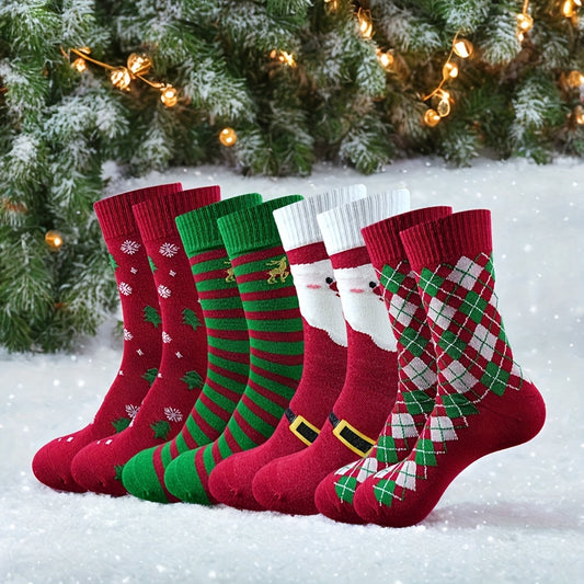 10 Pairs Unisex Christmas Socks, Men'S Fashion, Polyester Blend, Soft Comfortable Mid-Calf, Christmas Tree, Santa, Plaid, Stripes, Adventurous Patterns, Machine Washable, Christmas Gift for Family and Friends