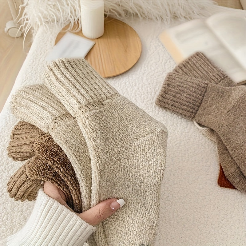 [Thermal Socks] 5-Pack Heavyweight Thermal Women's Crew Socks | 300gsm Polyester-Spandex Blend, Soft Terry Cloth Texture, Solid Colors, Ribbed Cuffs for Warmth & Durability, Winter Warmth, Hand Wash/Dry Clean