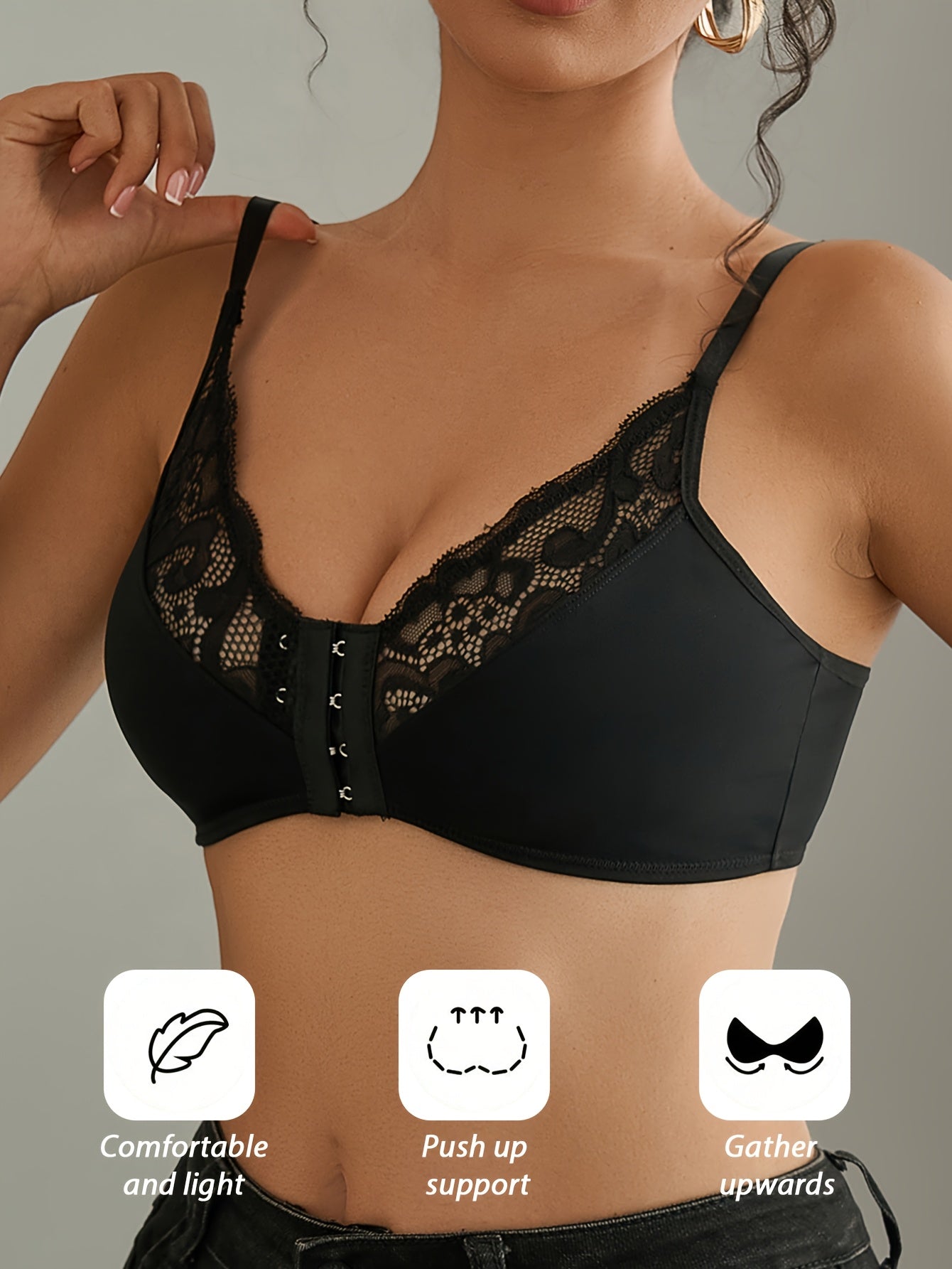 1pc Elegant Black Lace-Trimmed Wireless Bralette with Front Closure, Breathable & Seamless Light Support for Spring/Summer, No-Pad Comfort Fit, Backless Design, Lace Trim Detail