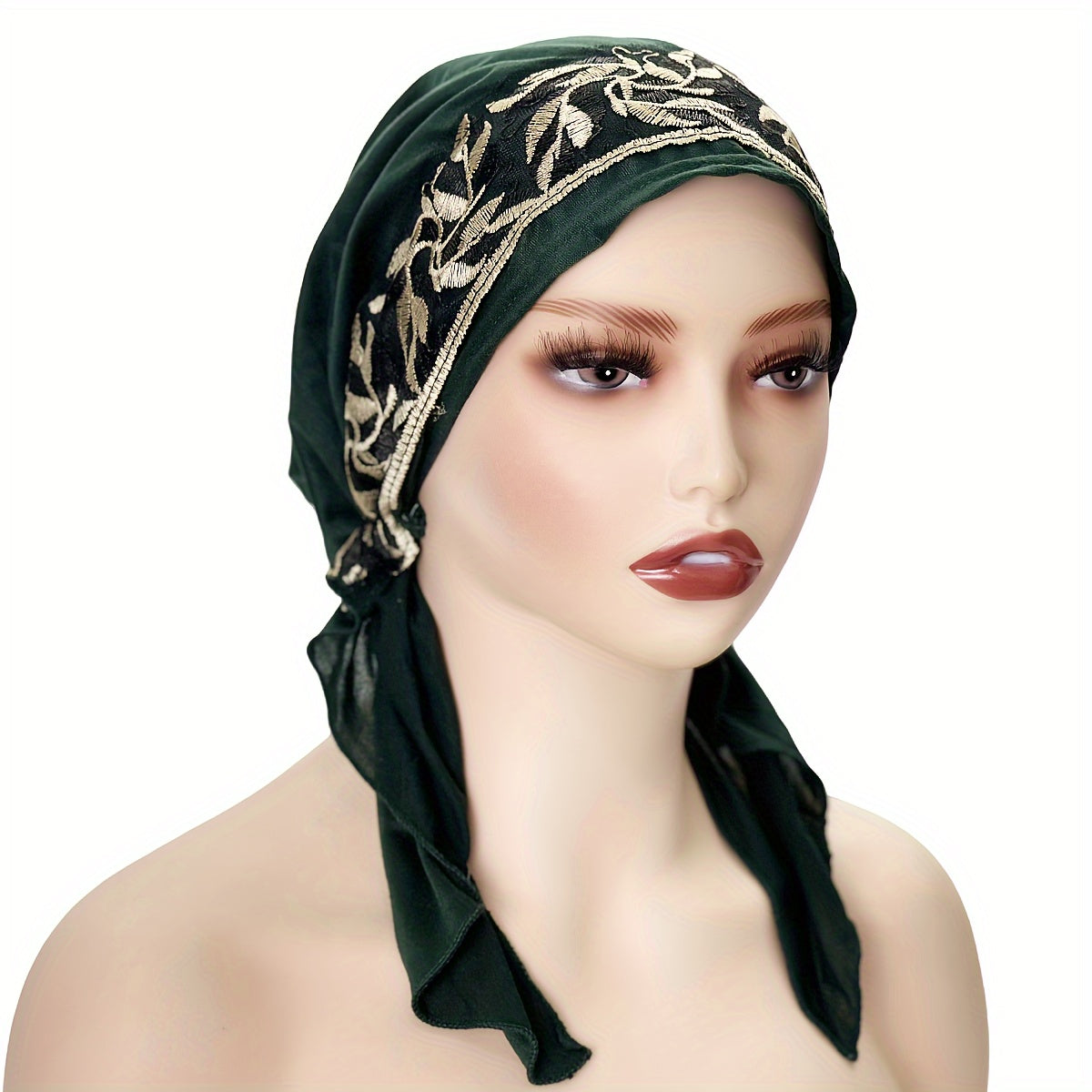 Women's Elastic Embroidered Turban Hat - Lightweight Polyester Knit Cap, Black Pullover Design for New Year Occasion | Easy Hand Wash | Elastic Band Fit