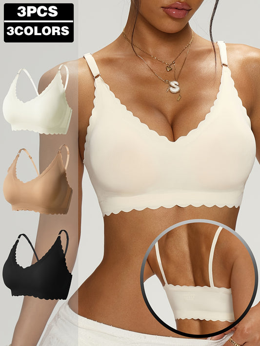 [Sexy Comfy Cami Bra] 3pcs Solid Seamless Scallop Trim Wireless Cami Bra - Sexy Comfy Push Up Bra for Women