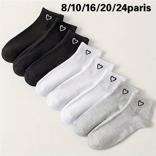 [Cute Socks] Cute Japanese 8/10/16/20/24 Double Solid Color Love Couple's Breathable Odor Proof Women's Short Socks | Daily Use, Black and White Gray, Ins Style, Versatile