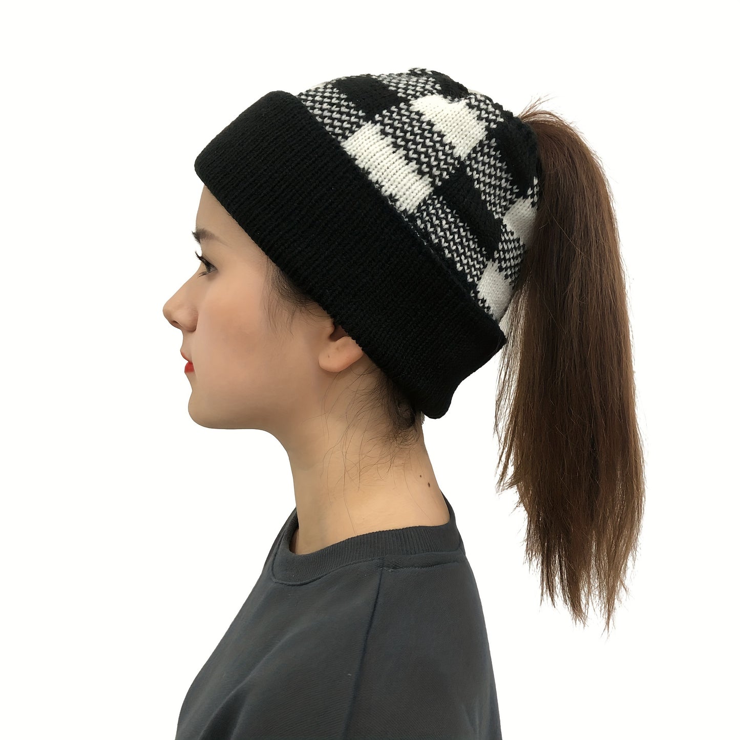 1/2/5pcs Ponytail Hats, Solid Color Versatile Beanies, Winter Thick Warm Elastic Caps for Women