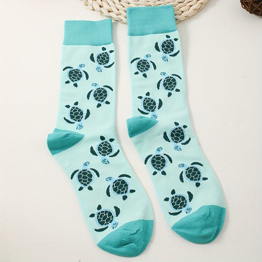 1 Pair Cartoon Turtle Mid-Calf Socks, Couple'S Trendy Casual Knit Polyester & Spandex Blend, Hand Washable, 280g/m² Fabric Weight