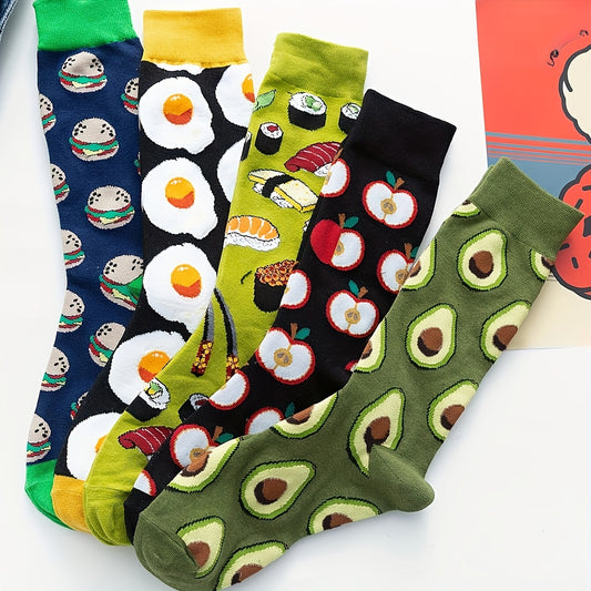 [Cute Food Socks] 5-Pair Women's Short Socks | Food-Themed Patterns with Colorful Toe Caps - Breathable Machine-Washable Casual Crew Socks for Daily Wear & Fashion