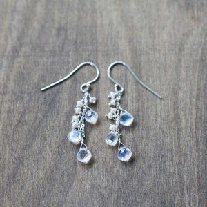 Rainbow Moonstone & Pearl Earrings, Delicate Dangle Earrings, Moonstone Jewelry, Rose Gold Filled or Sterling Silver, June Birthstone