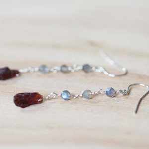 Labradorite & Rough Garnet Earrings, Multi Gemstone Dangle Earrings, Sterling Silver or Rose Gold Filled, Wire Wrapped Raw Garnet Earrings