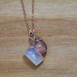 Moonstone & Sunstone Pendant on Rose Gold Filled or Sterling Silver Chain, Sunstone Necklace, Moonstone Jewelry, Delicate Everyday Layering