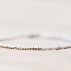 Ultra Delicate White Howlite Bracelet, Sterling Silver or Rose Gold Filled, White Gemstone Skinny Stacking Bracelet, White Howlite Jewelry