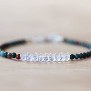Bloodstone Bracelet with Rainbow Moonstone, Multi Gemstone Bracelet, Moonstone Jewelry, Sterling Silver Rose Gold Fill, Bloodstone Jewelry