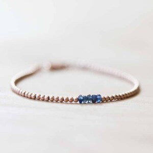 Ultra Dainty Rose Gold Fill Beaded Bracelet with Sapphire, Skinny Beaded Stacking Bracelet, Pink Gold Fill Jewelry