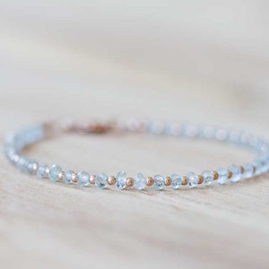Aquamarine Bracelet with Rose Gold Fill or Sterling Silver, Delicate Beaded Aquamarine Jewelry, March Birthstone Gift