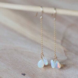 Ethopian Welo Opal Earrings on Rose Gold Filled or Sterling Silver Earwire, Long Gemstone Dangle Earrings, Delicate Welo Opal Jewelry