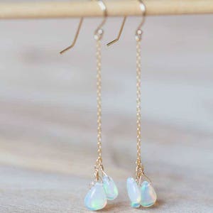 Ethopian Welo Opal Earrings on Rose Gold Filled or Sterling Silver Earwire, Long Gemstone Dangle Earrings, Delicate Welo Opal Jewelry