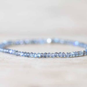 Labradorite Bracelet, Delicate Beaded Labradorite Jewelry, Elastic Stacking Stretch Bracelet, Blue Flash Gemstone, Faceted Small Beads