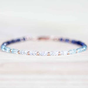 Iolite, Aquamarine and Rainbow Moonstone Bracelet, Rose Gold Fill or Sterling Silver, Delicate Beaded Gemstone Ombre Stacking Bracelet
