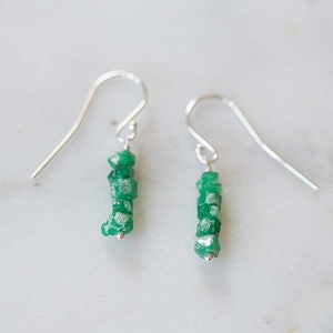 Rough Emerald Earrings, Rose Gold Filled or Sterling Silver, Raw Green Gemstone Jewelry, May Birthstone Dangle Stack