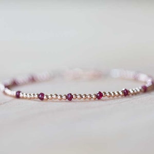 Dainty Rose Gold Fill Beaded Bracelet with Ruby, Skinny Beaded Stacking Jewelry, Sterling Silver July Birthstone