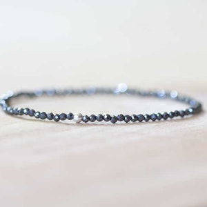 Delicate Hematite Stretch Bracelet, Faceted Tiny Beaded Black Gemstone Jewelry, Elastic Bracelet