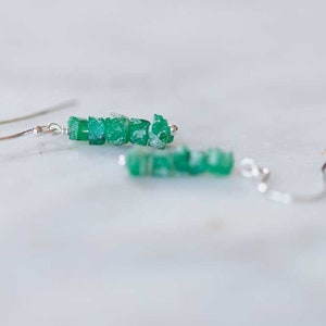 Rough Emerald Earrings, Rose Gold Filled or Sterling Silver, Raw Green Gemstone Jewelry, May Birthstone Dangle Stack