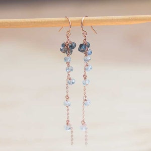 Moss Aquamarine Dangle Earrings, Delicate Sterling Silver or Rose Gold Filled Cluster Earrings