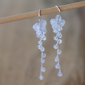 Rainbow Moonstone Cluster Dangle Earrings, Delicate Sterling Silver or Rose Gold Filled Bridal Jewelry