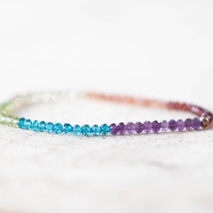 Gemstone Stretch Rainbow Bracelet, Delicate Beaded Genuine Multi Colors, Elastic Stacking Claspless Jewelry