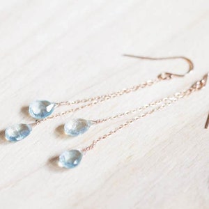 Aquamarine Earrings on Rose Gold Filled or Sterling Silver Earwire, Long Blue Genuine Gemstone Dangle Earrings, March Birthstone Jewelry