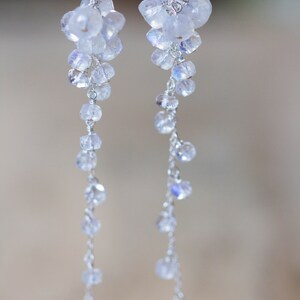 Rainbow Moonstone Cluster Dangle Earrings, Delicate Sterling Silver or Rose Gold Filled Bridal Jewelry