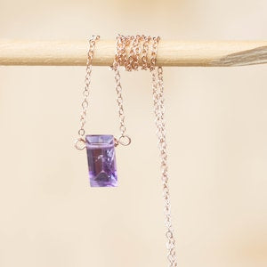 Amethyst Baguette Pendant on Sterling Silver, Oxidized Sterling or Rose Gold Filled Chain, Dainty Delicate Light Purple Gemstone Jewelry