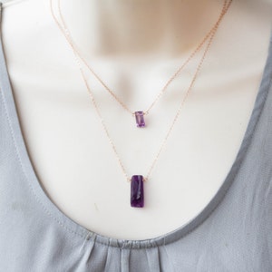 Amethyst Baguette Pendant on Sterling Silver, Oxidized Sterling or Rose Gold Filled Chain, Dainty Delicate Light Purple Gemstone Jewelry