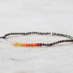 Pyrite & Mexican Fire Opal Stretch Bracelet, Delicate Beaded Minimal Gemstone Jewelry, Claspless Elastic