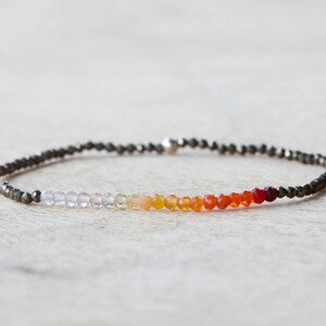 Pyrite & Mexican Fire Opal Stretch Bracelet, Delicate Beaded Minimal Gemstone Jewelry, Claspless Elastic