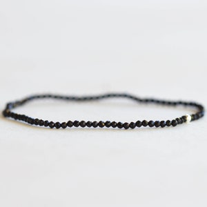 Dainty Black Tourmaline Stretch Bracelet, Ultra Delicate Faceted Beaded Gemstone Jewelry
