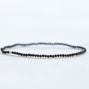 Dainty Black Tourmaline Stretch Bracelet, Ultra Delicate Faceted Beaded Gemstone Jewelry