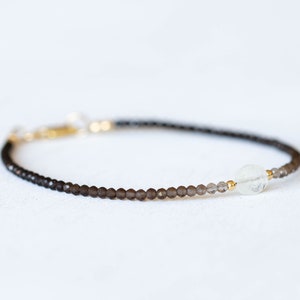 Smoky Quartz Bracelet with Rainbow Moonstone, Dainty Beaded Shaded Ombre Jewelry