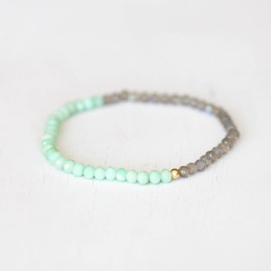 Chrysoprase and Labradorite Stretch Bracelet, Beaded Green Elastic Stacking Jewelry