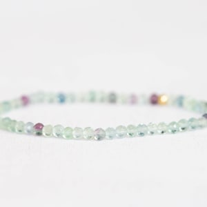 Dainty Fluorite Stretch Bracelet, Beaded Purple Green Gemstone Stacking Jewelry, Tiny Faceted Beads