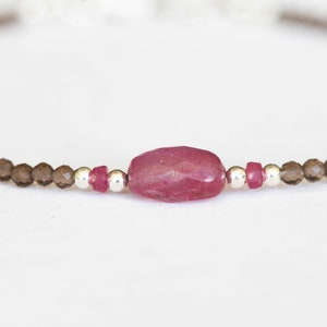 Dainty Smoky Quartz Bracelet with Pink Sapphire, Delicate Beaded Gemstone Jewelry