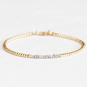 Rough Gray Diamond Bracelet with Rose Gold Fill or Sterling Silver, Dainty Raw April Birthstone Beaded Jewelry