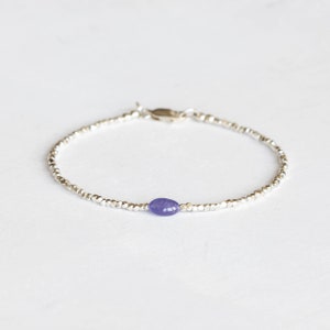 Dainty Fine Silver Bracelet with Tanzanite, Skinny Karen Hill Tribe Silver Stacking Bracelet