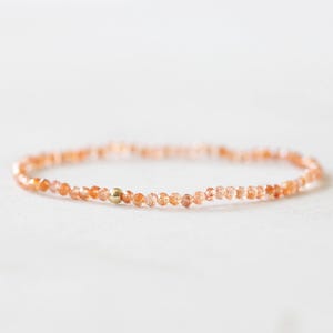 Sunstone Stretch Bracelet, Ultra Delicate Beaded Peach Orange Gemstone Jewelry, Small Faceted Beads on Stretchy Elastic