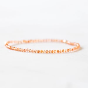 Sunstone Stretch Bracelet, Ultra Delicate Beaded Peach Orange Gemstone Jewelry, Small Faceted Beads on Stretchy Elastic