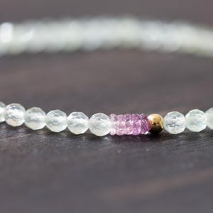 Prehnite Bracelet with Pink Sapphire, Beaded Pale Light Green Gemstone Elastic Stacking Jewelry, Delicate Stretch Faceted Small Beads