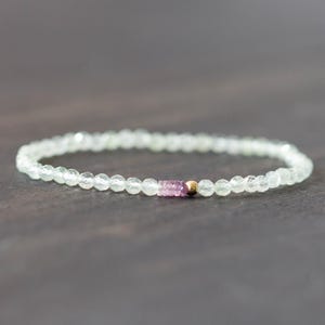 Prehnite Bracelet with Pink Sapphire, Beaded Pale Light Green Gemstone Elastic Stacking Jewelry, Delicate Stretch Faceted Small Beads