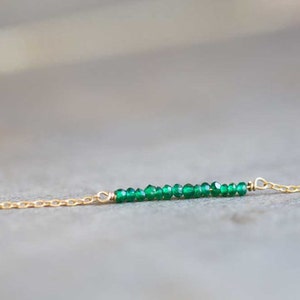 Chrome Green Tourmaline Bar Necklace on Rose Gold Filled, Oxidized Sterling or Sterling Silver Chain, Delicate Green Bar Layering Necklace