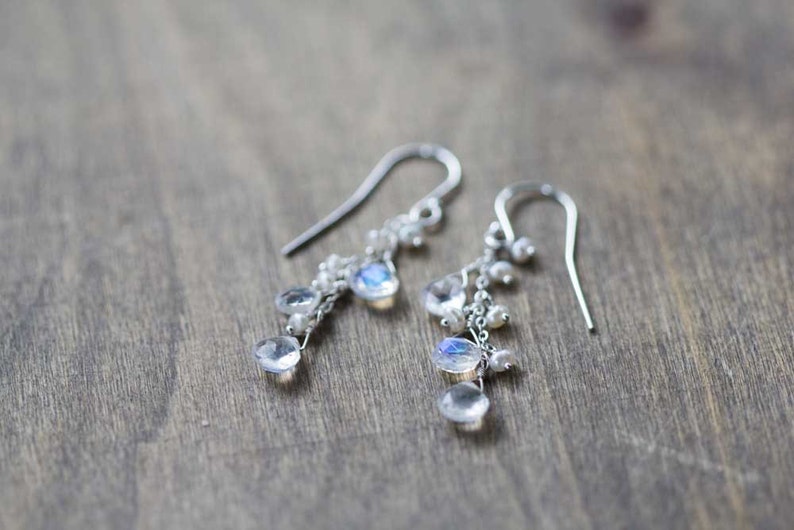 Rainbow Moonstone & Pearl Earrings, Delicate Dangle Earrings, Moonstone Jewelry, Rose Gold Filled or Sterling Silver, June Birthstone