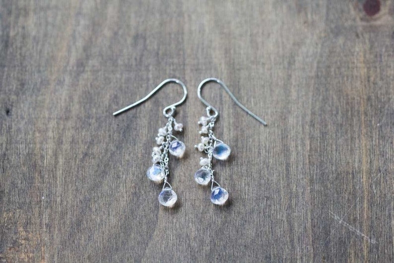 Rainbow Moonstone & Pearl Earrings, Delicate Dangle Earrings, Moonstone Jewelry, Rose Gold Filled or Sterling Silver, June Birthstone