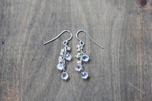 Rainbow Moonstone & Pearl Earrings, Delicate Dangle Earrings, Moonstone Jewelry, Rose Gold Filled or Sterling Silver, June Birthstone