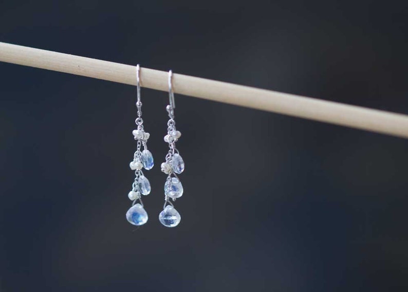Rainbow Moonstone & Pearl Earrings, Delicate Dangle Earrings, Moonstone Jewelry, Rose Gold Filled or Sterling Silver, June Birthstone